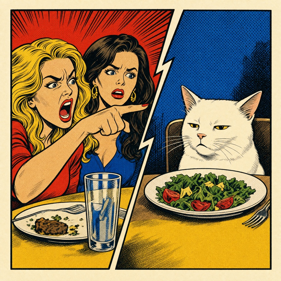 Mem Kot przy stole — przykład nadruku